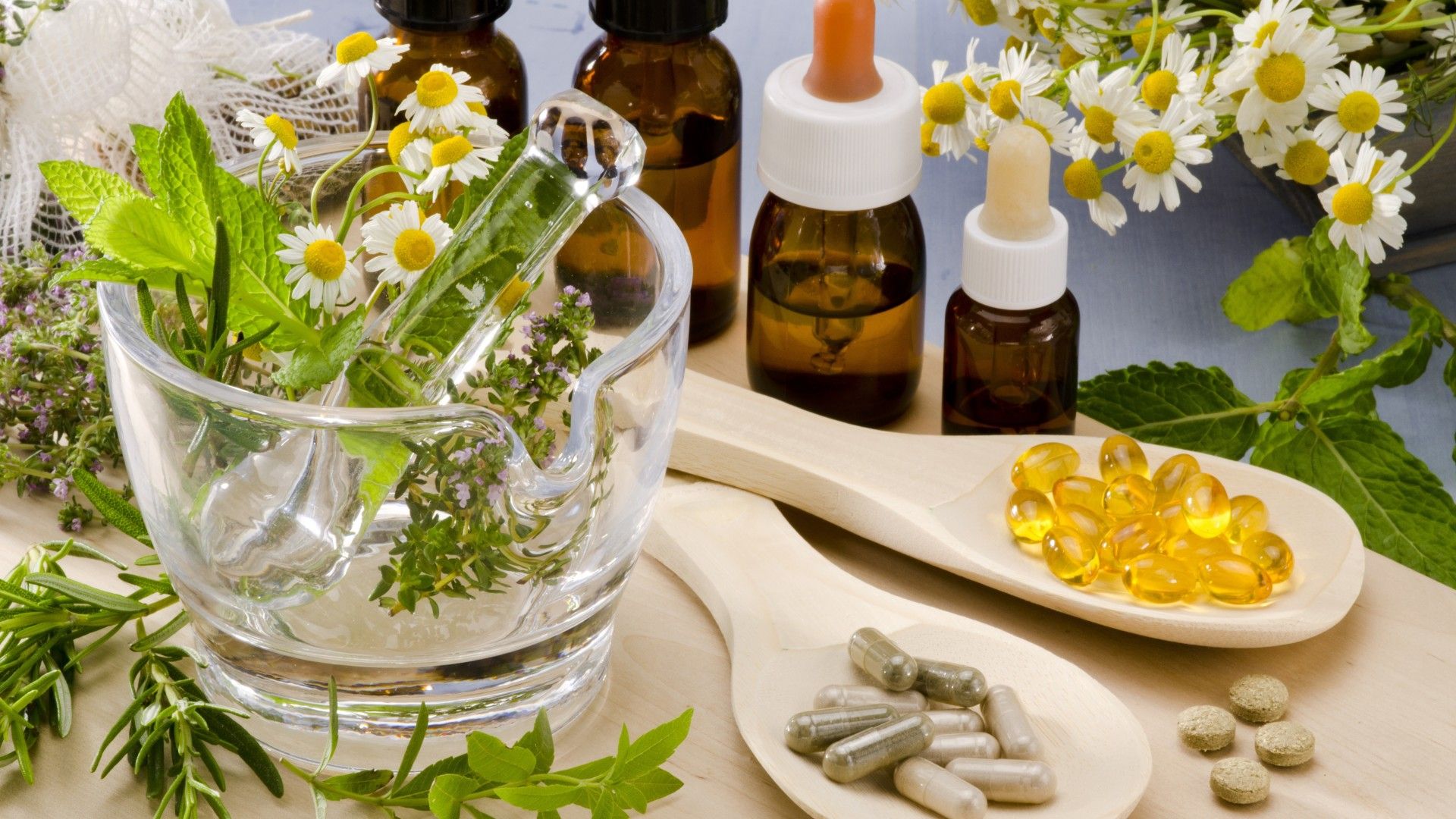 Plantas, cápsulas y pastillas de herboristeria. Plantas medicinales. Medicina natural