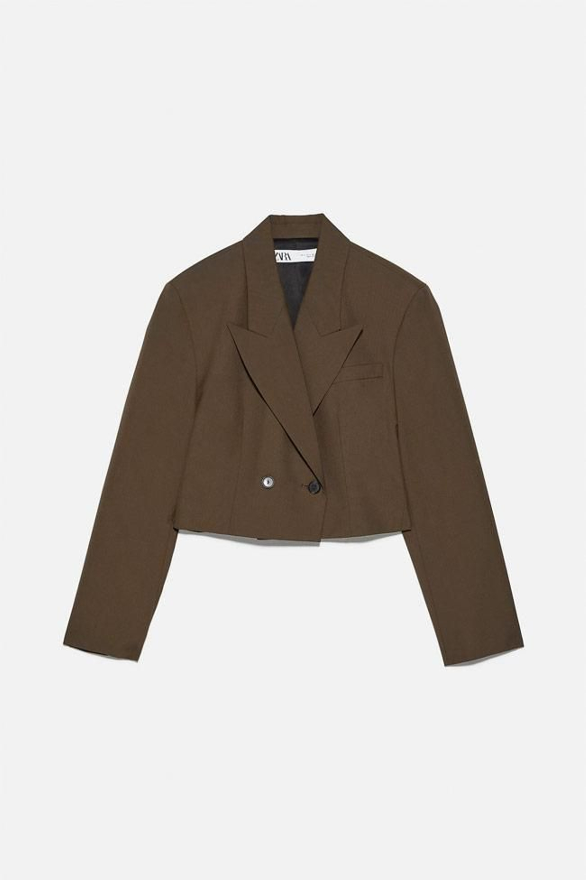 Blazer 'cropped' cruzada en color marrón, de Zara