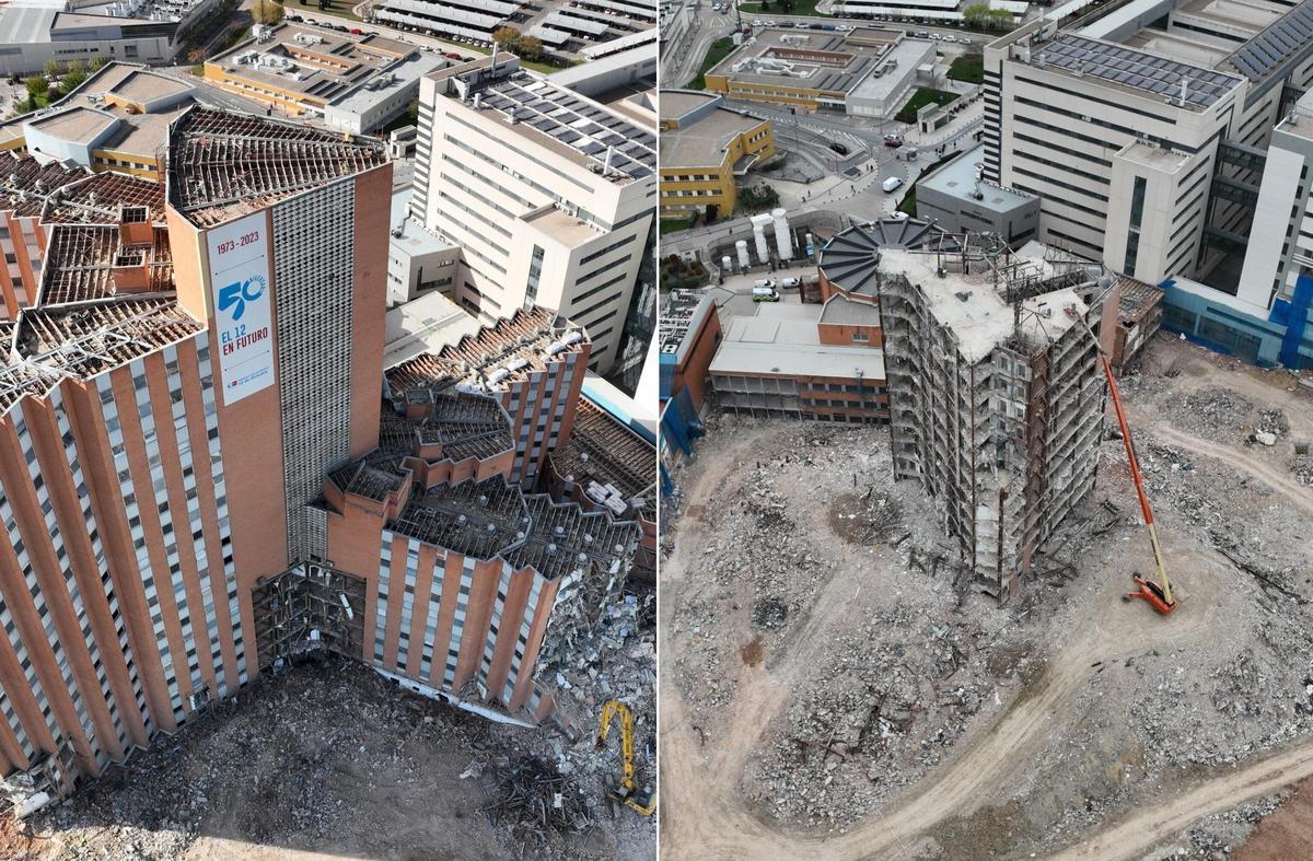 A la izquierda, la torre todavía en pie; a la derecha, estado actual del derribo.