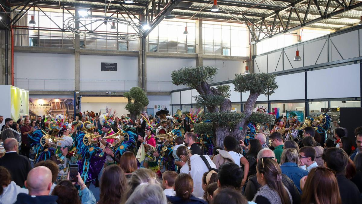 Las comparsas del Carnaval de Badajoz durante su exhibición en Fehispor, este domingo.