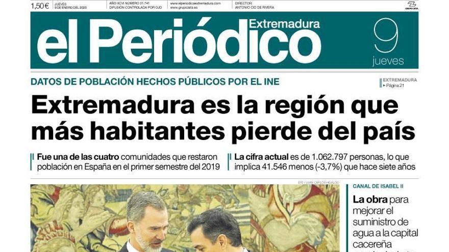 Esta es la portada de EL PERIÓDICO EXTREMADURA correspondiente al día 9 de enero del 2020