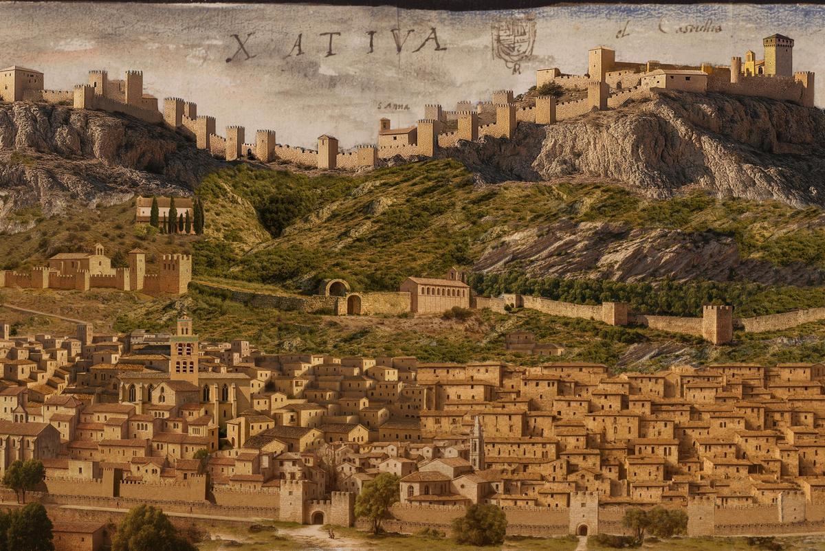 Recreación de la Xàtiva del siglo XVI a partir del grabado de Anthonie van den Wyngaerde.