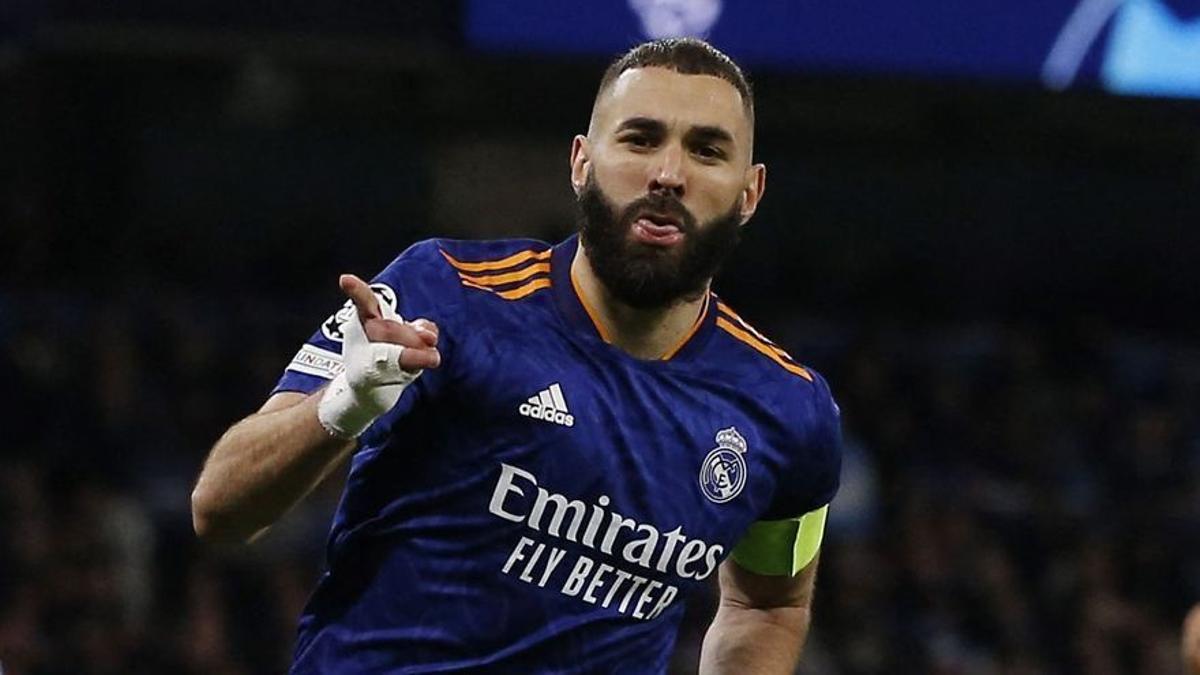 Karim Benzema celebra un gol al Manchester City.