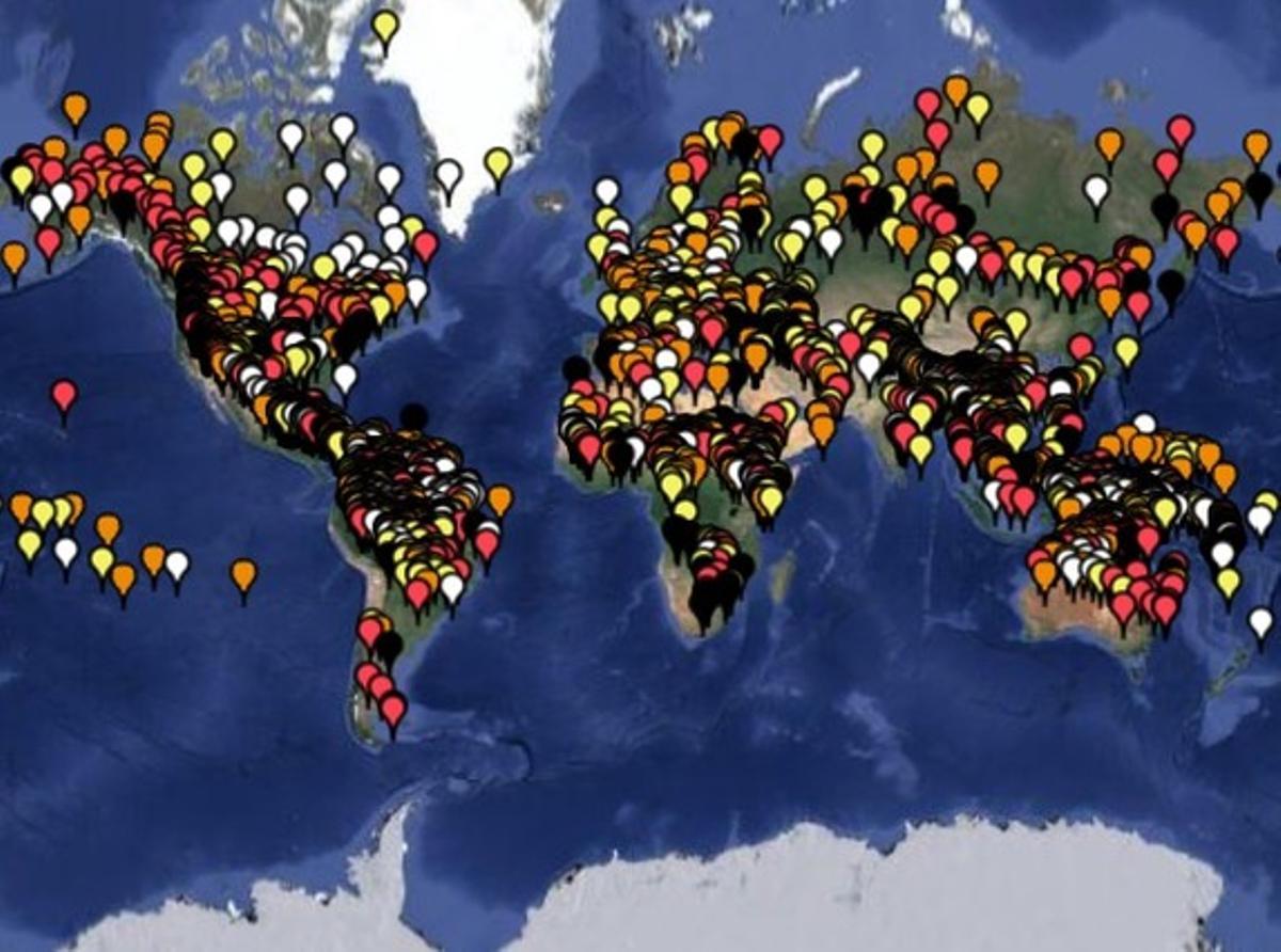 Mapa de la UNESCO on es mostren totes les llengües amb risc de desaparèixer. 