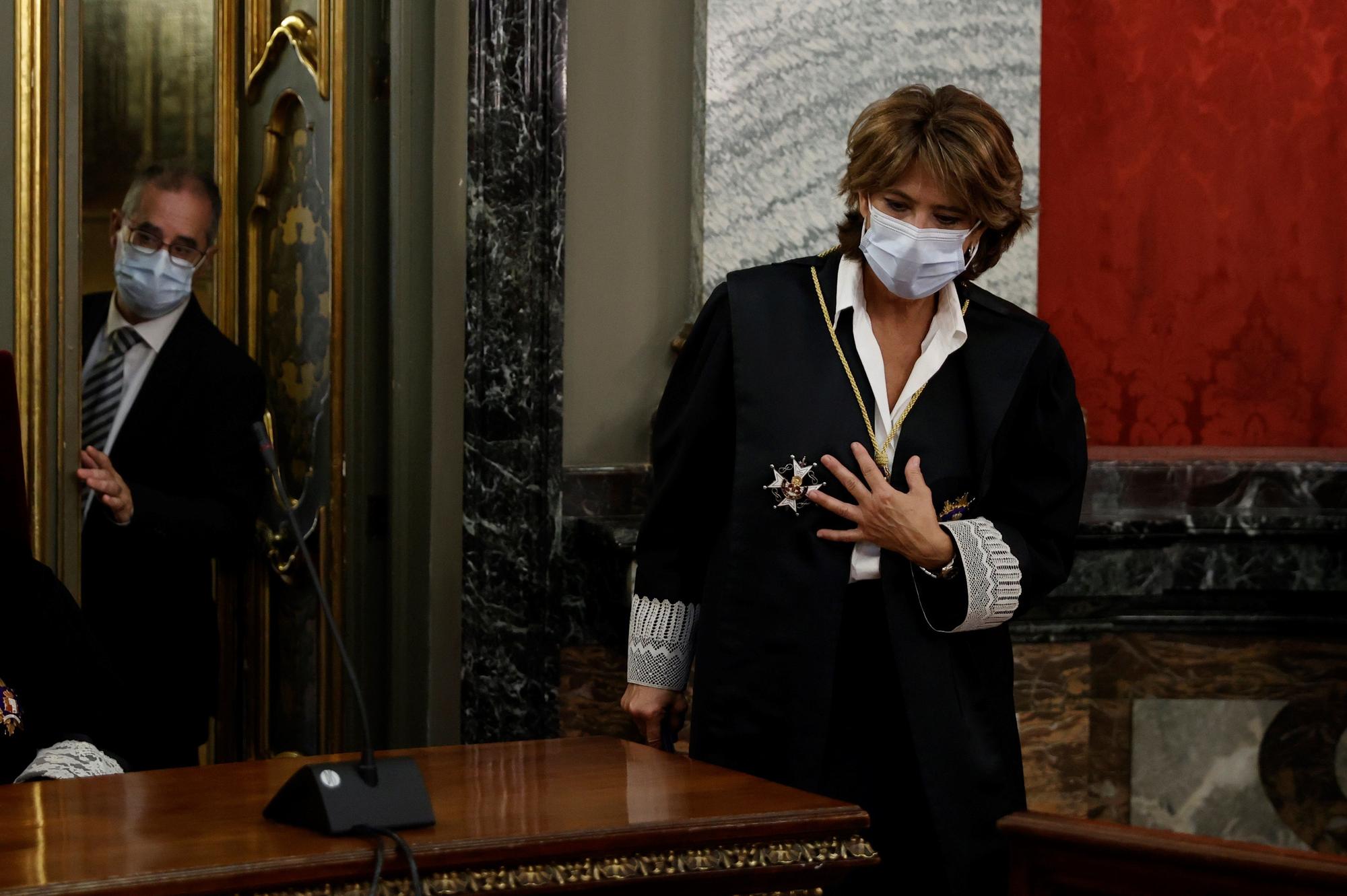 La fiscal general del Estado, Dolores Delgado durante la celebración este lunes del acto de apertura del Año Judicial en el Tribunal Supremo en Madrid.