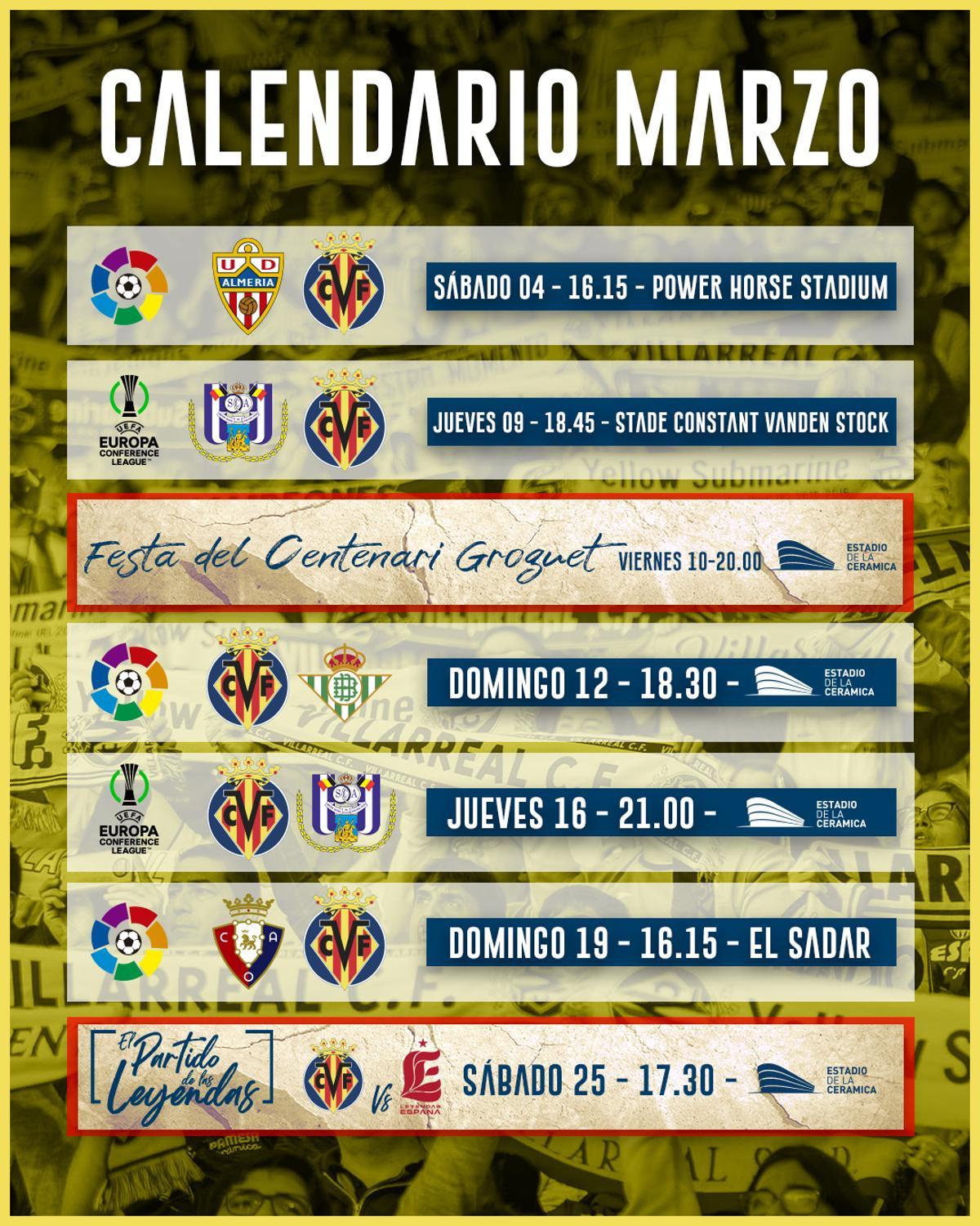 El calendario del Villarreal en el mes de marzo.