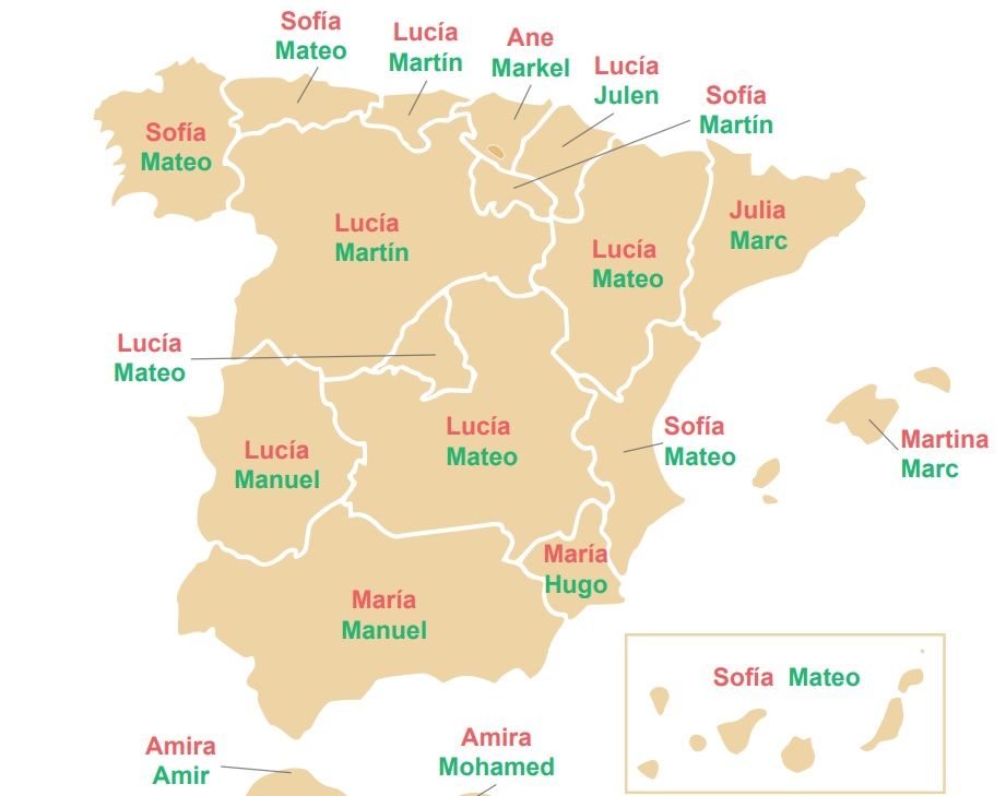 Mapa de España con los nombres más comunes por comunidad autónoma.