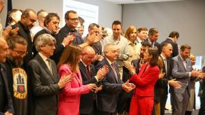 La ministra de Industria, Reyes Maroto, junto al ’conseller’ d’Empresa, Roger Torrent, en el acto del inicio de la reindustrialización de la Zona Franca.