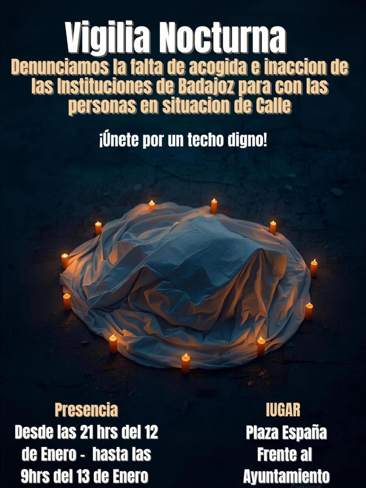 Cartel anunciador de la vigilia nocturna que se celebra esta noche en Badajoz.