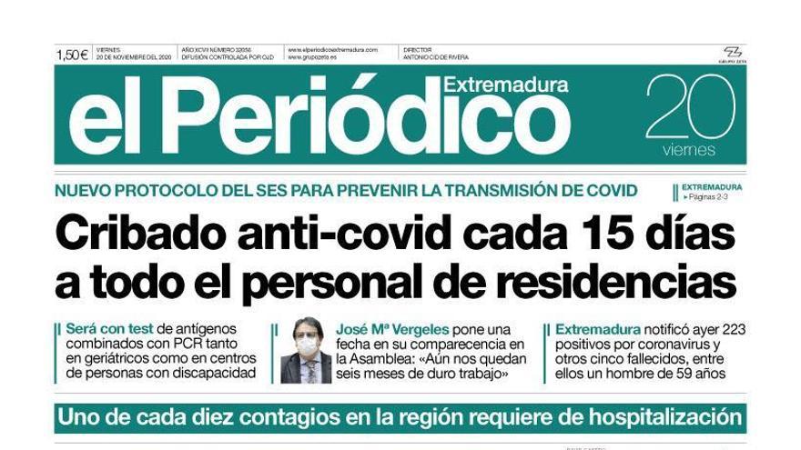 Esta es la portada de EL PERIÓDICO EXTREMADURA correspondiente al día 20 de noviembre del 2020