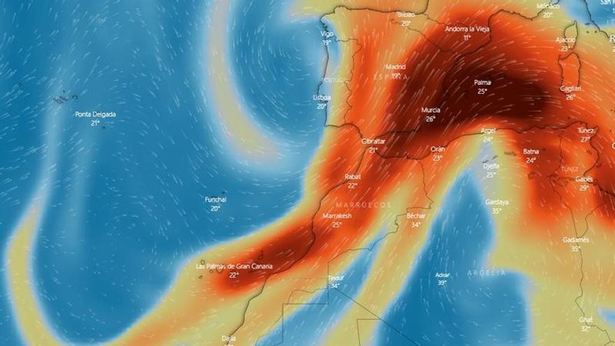 Proyección de la evolución que podría seguir la nube de dióxido de azufre, que el próximo viernes alcanzaría Córdoba, resto de Andalucía y buena parte de la Península.