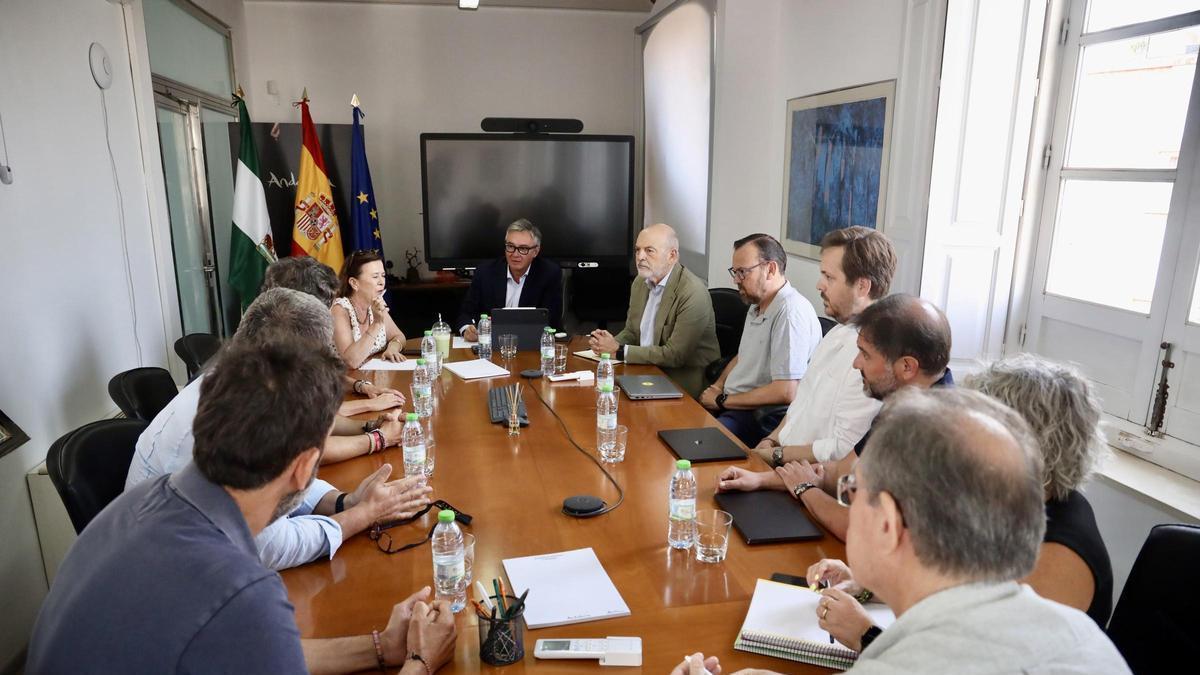 El vicepresidente segundo y consejero de Turismo, Justicia, Desregulación y Administración local, Manuel Gavira (c), junto al viceconsejero de Turismo y Justicia, Rafael Sánchez Saus (6d), mantiene una reunión de trabajo durante una visita institucional a