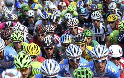 A pack of riders climbs the "Wall of Huy" during the Fleche Wallonne Classic cycling race in Huy