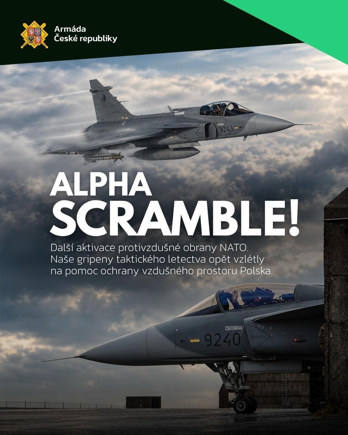Un cartel difundido por el ejército checo tras una salida de sus cazas Gripen en la frontera de Polonia con Ucrania por una alerta de combate contra drones esta semana.
