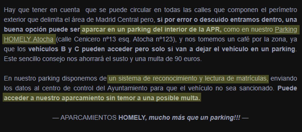 Descripción del aparcamiento de Atocha en la web de Homely Soluciones.