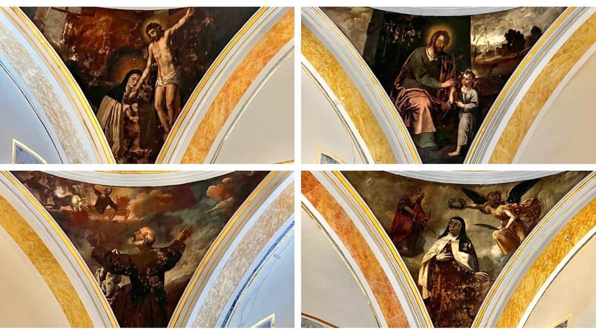 Algunas de las pinturas de las pechinas del convento del Carmen que presentan un &quot;deficiente&quot; estado de conservación.