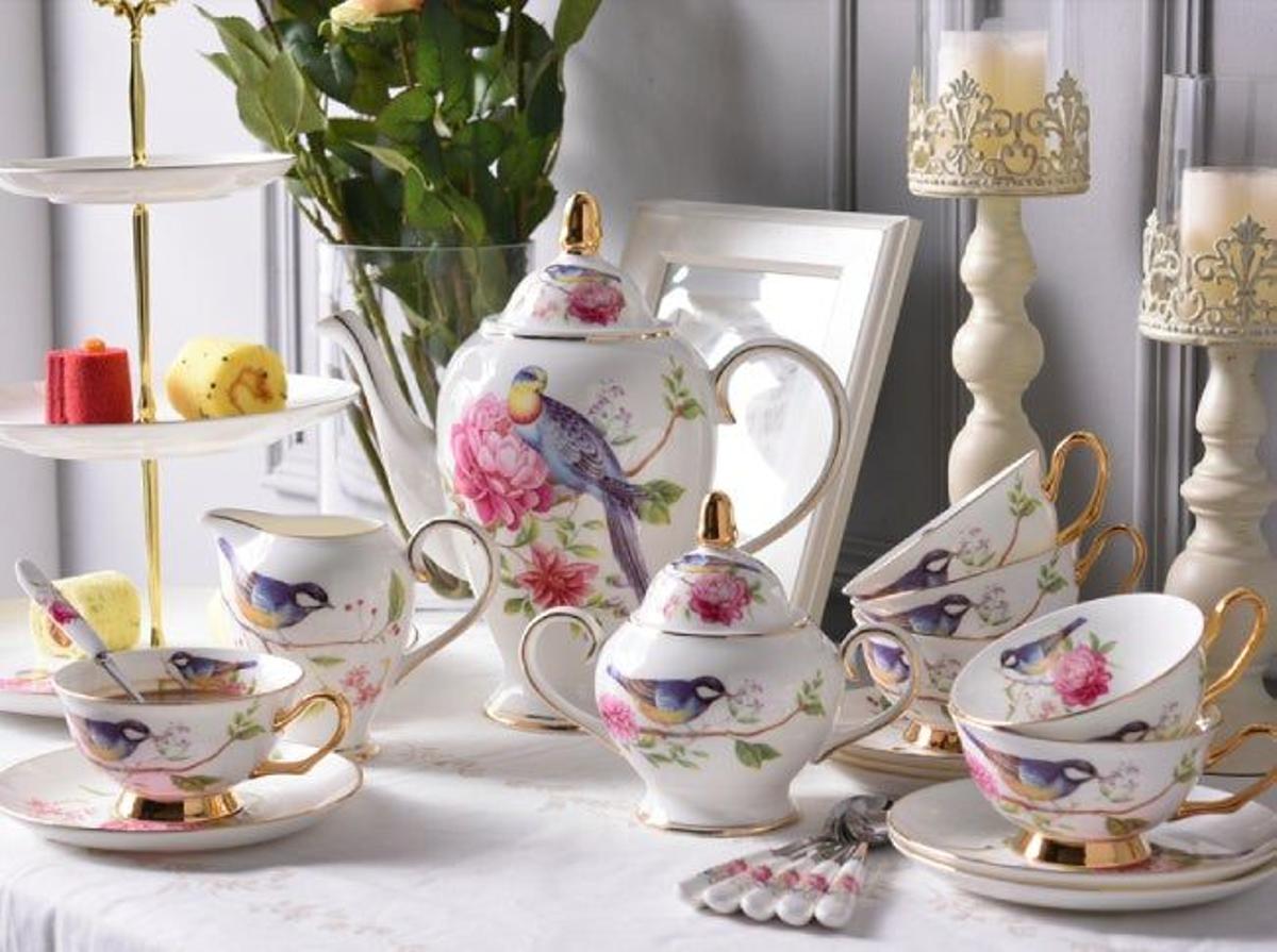 Juego de té con pájaros de 21 piezas