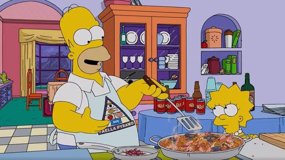 Homer Simpson, cocinando una paella bajo la atenta mirada de su hija Lisa.