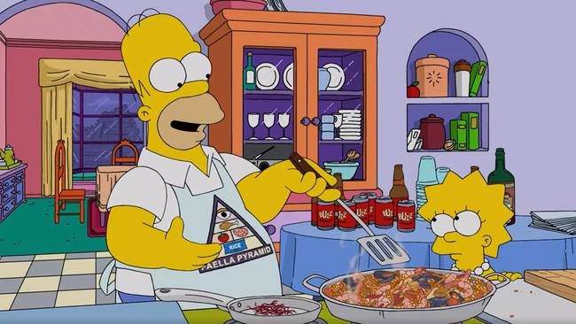 Homer Simpson, cocinando una paella bajo la atenta mirada de su hija Lisa