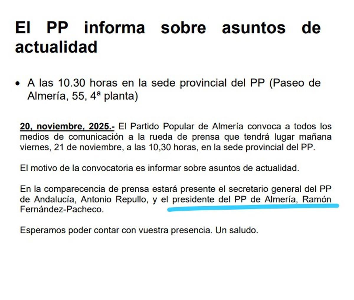 Convocatoria de prensa del PP-A en Almería.