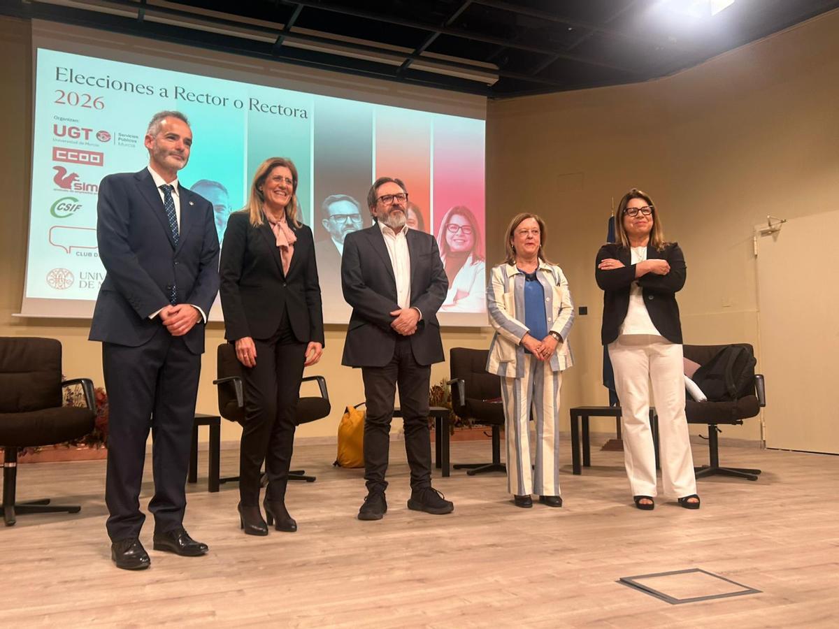Guillermo Díaz, Senena Corbalán, Samuel Baixauli, Alfonsa García yAlicia Rubio, candidatos al Rectorado en la UMU