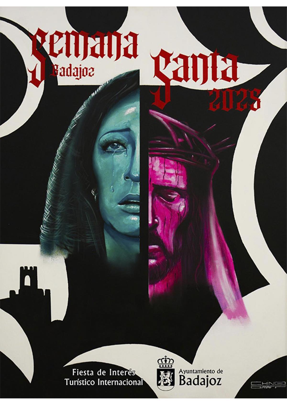 Cartel anunciador de la Semana Santa de Badajoz 2025, obra de Alejandro Pajuelo 'Chino'.