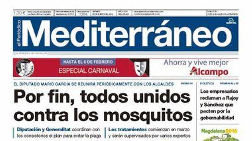 Por fin, todos unidos contra los mosquitos, en la portada de Mediterráneo