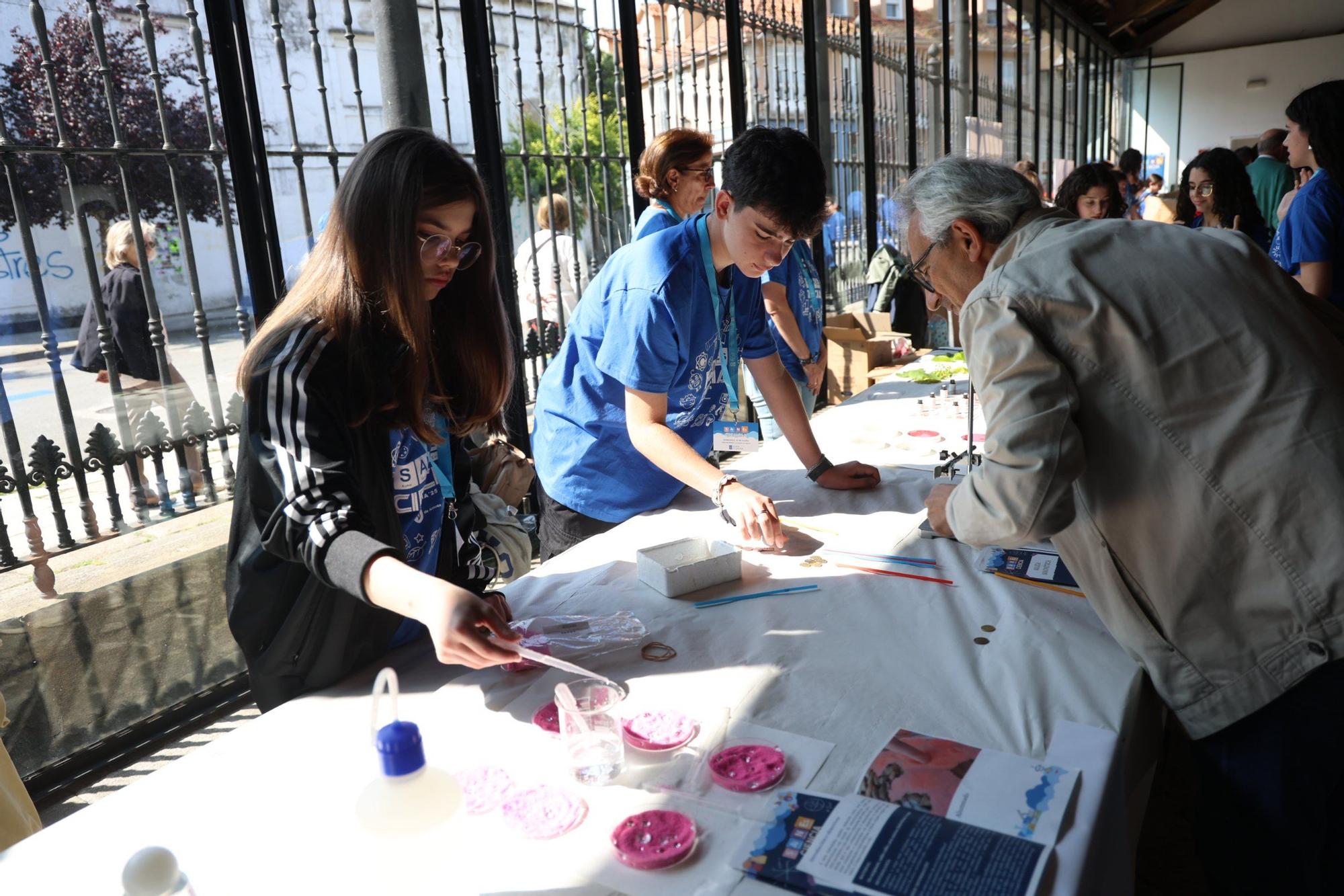La feria Salnés Ciencia, celebrada esta mañana en la plaza de A Peixería (Vilagarcía).
