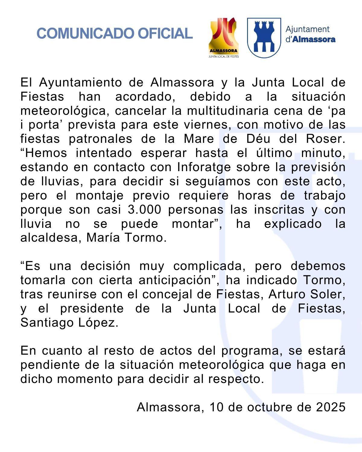 Comunicado del Ayuntamiento de Almassora.