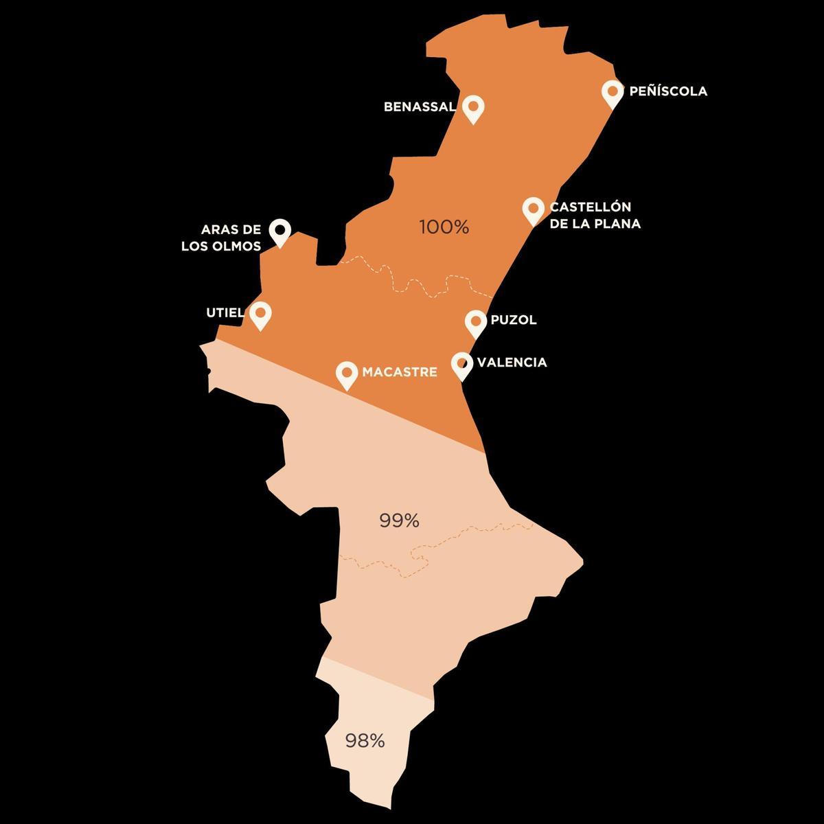 Mapa con la visibilidad del eclipse y los puntos de observación de la Generalitat