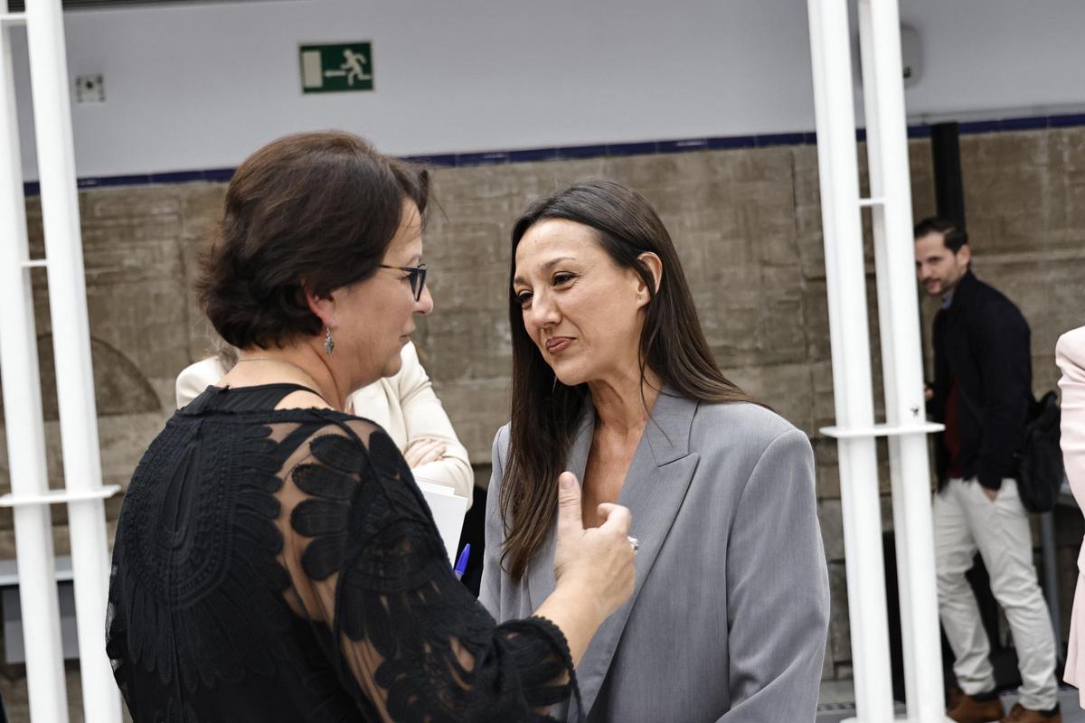 Magdalena Blesa (PSOE) charla con Carmen Conesa antes de la comparecencia.