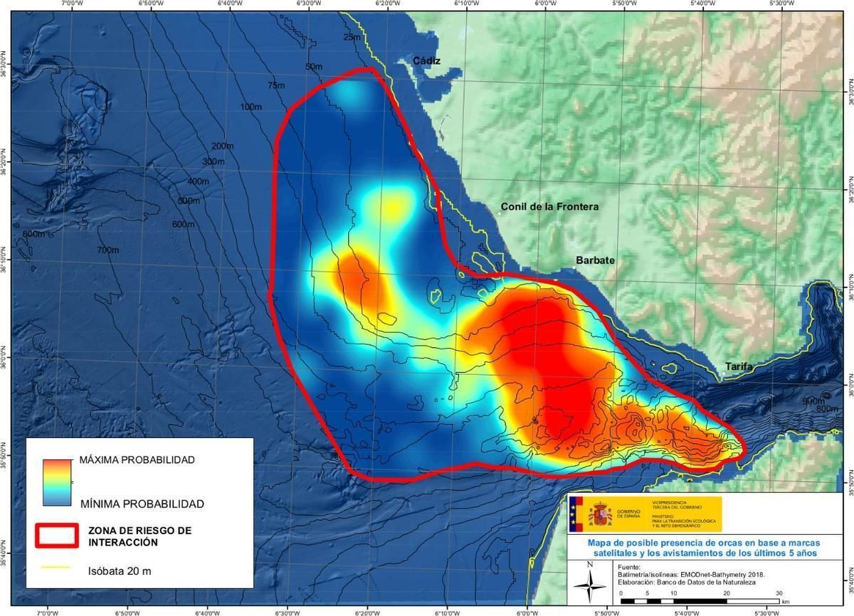 Mapa de la zona con mayor riesgo de interacciones con orcas