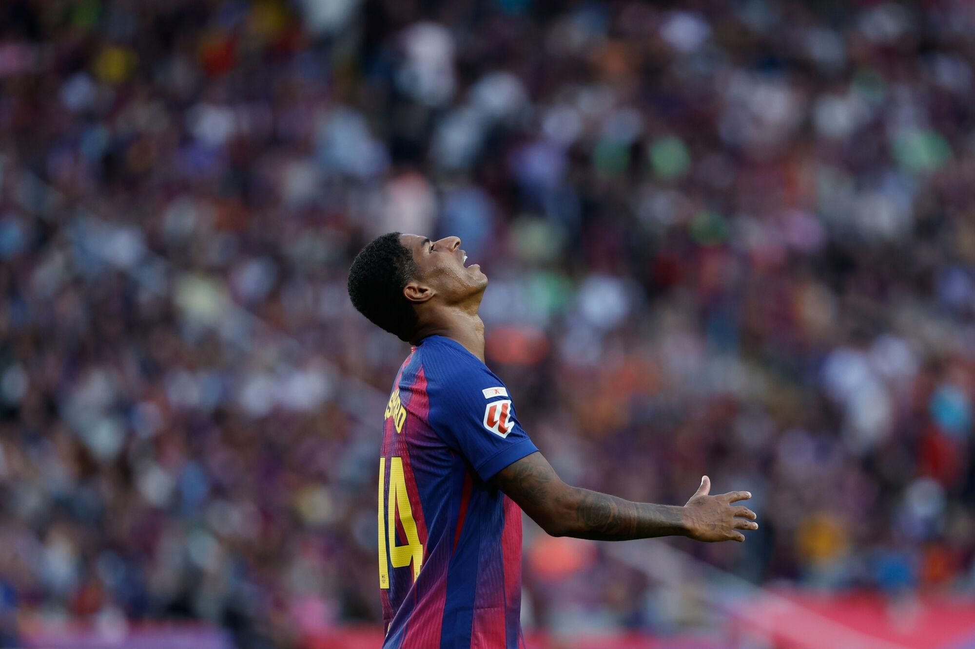 Barcelona's Marcus Rashford reacts during a Spanish La Liga soccer match between FC Barcelona and Real Sociedad at the Lluis Companys Olympic Stadium in Barcelona, Spain, Sunday, Sept. 28, 2025. (AP Photo/Joan Monfort). EDITORIAL USE ONLY/ONLY ITALY AND SPAIN
