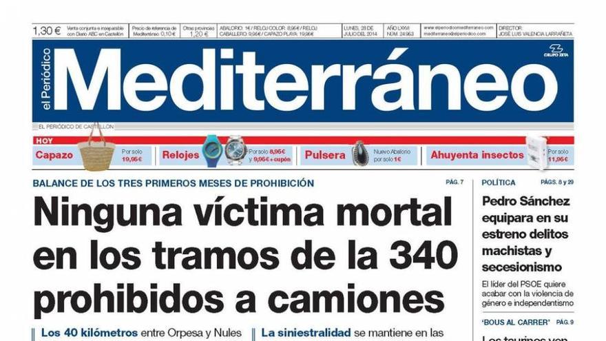 Ninguna víctima mortal en los tramos de la 340 prohibidos a camiones, hoy en la portada de El Periódico Mediterráneo