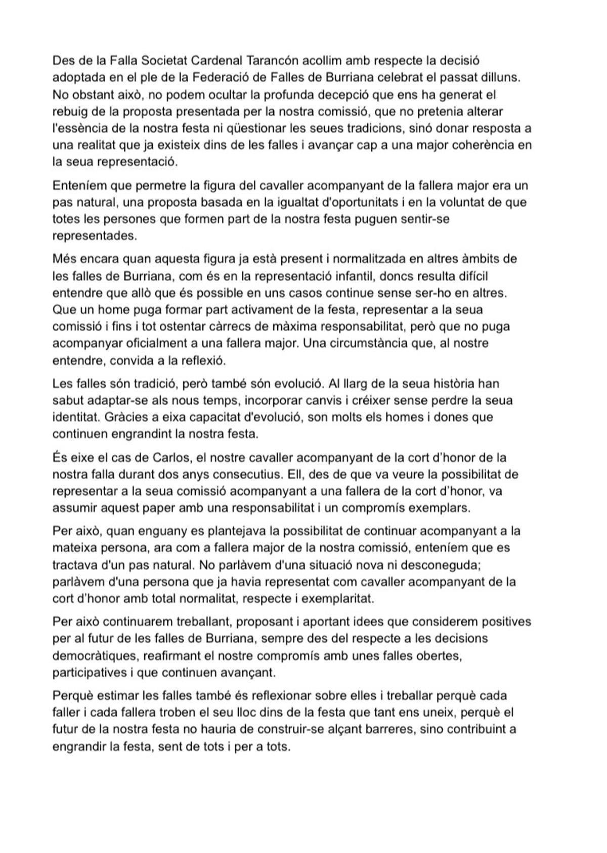 Comunicado publicado por la falla Societat Cardenal Tarancón.