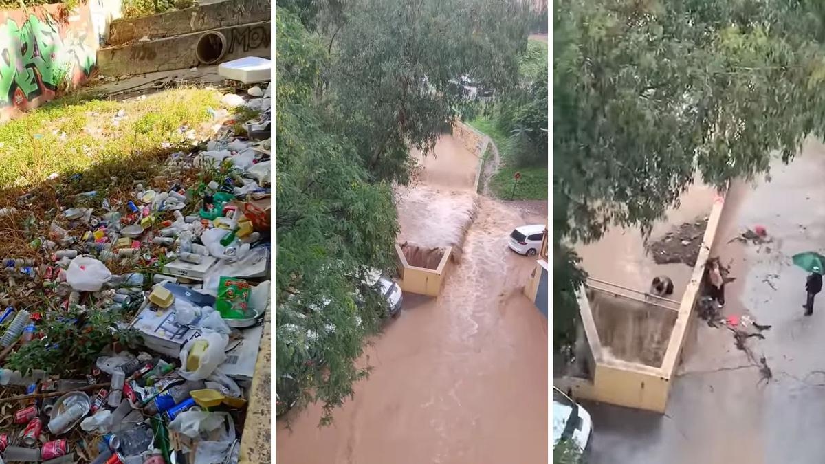 El final del arroyo de la Alegría de la Huerta, en Jardín de Málaga, se desbordó ayer por el atasco de basura. Los vecinos trataron de desatascarlo.