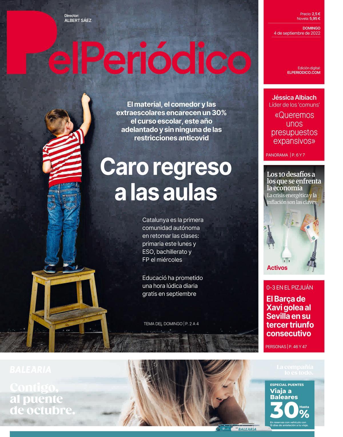La portada d’EL PERIÓDICO del 4 de setembre del 2022 La portada d’EL PERIÓDICO del 4 de setembre del 2022