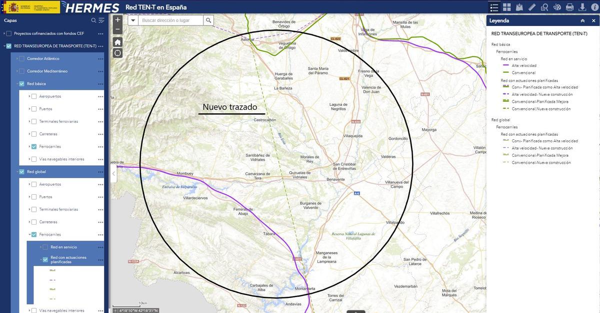 El trazado previsto en la Red Transeuropea según el visor Hermes.