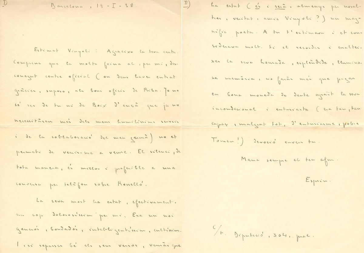 Una carta d'Espriu a Vinyoli, l'any 1938, parlant de com l'ha afectat la mort de Rosselló-Porcel.