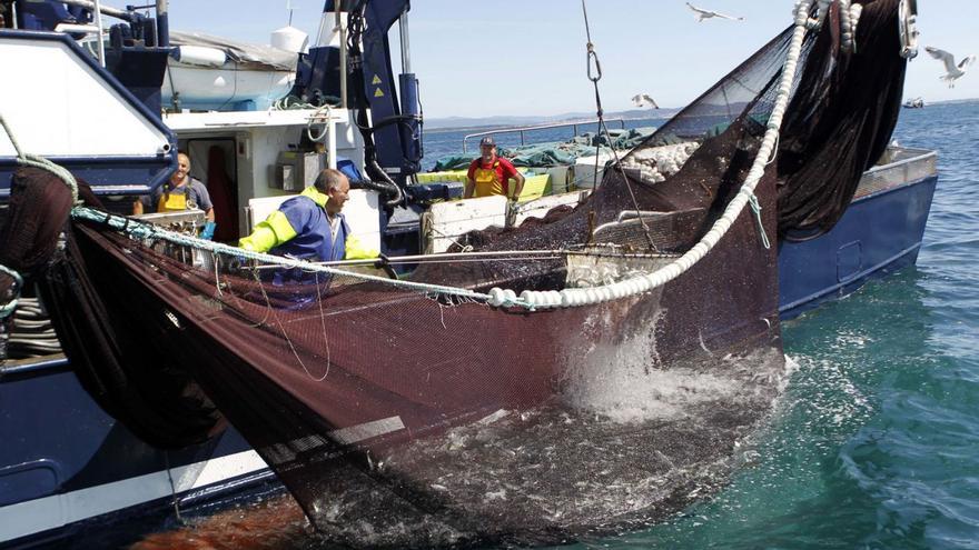 Pescadores del barco ‘Playa de Covas’ izan sus redes con cientos de ejemplares de sardina. |   // NOE PARGA