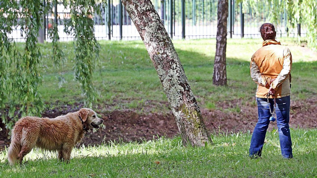 Una mujer, disfrutando de un paseo con su perro en el parque de Castrelos.