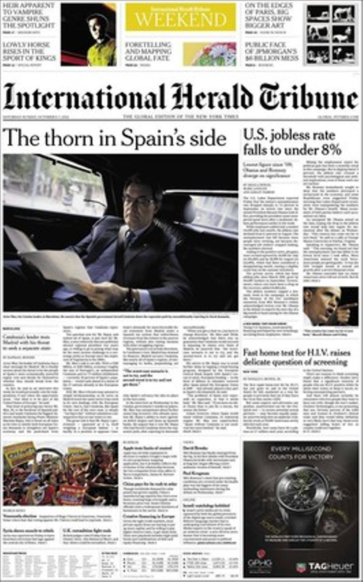 Portada del 6-7 d’octubre de l’’International Herarld Tribune’, protagonitzada per Artur Mas. Portada del 6-7 d’octubre de l’’International Herarld Tribune’, protagonitzada per Artur Mas.