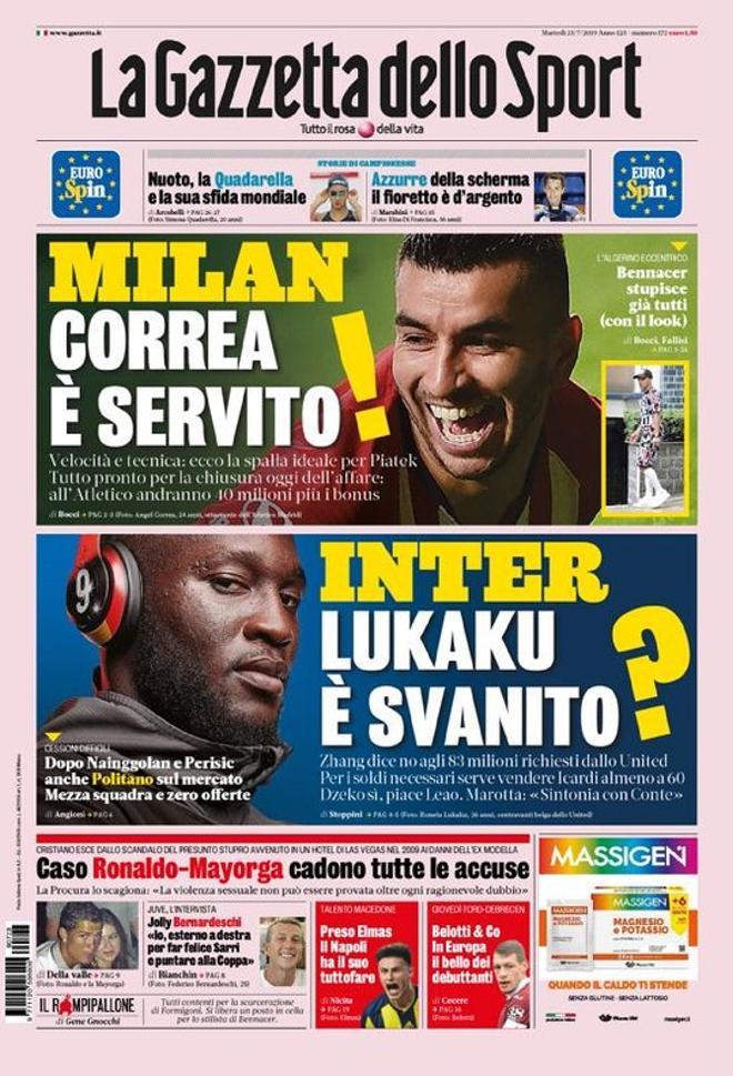 Portada de LA GAZZETTA DELLO SPORT del 23 de julio