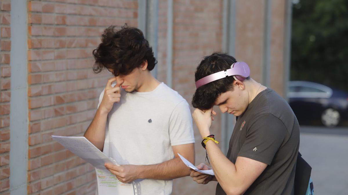 Dos jóvenes repasan los apuntes antes de entrar en un examen de la selectividad.