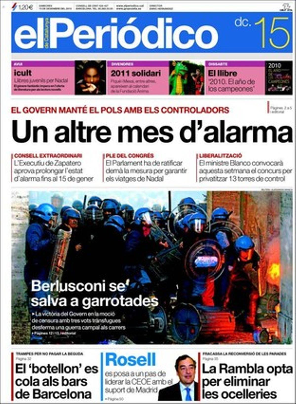 EL PERIÓDICO, a més dels temes de portada, també destaca a dins que el controvertit rebuig a la regulació dels immigrants incívics suma suports d’alcaldes i Govern; que el tripartit promet a CiU el traspàs gentil que aquesta li va negar el 2003 i que el Govern assumeix els regionals de Renfe per gestionar-los com Rodalies; que el negoci de l’oci nocturn català es ressent de la picaresca i del ’botellon’ alimentats per la crisi; que el Govern espanyol prepara una nova pujada de la llum per al gener; que la UE enumera en què va fallar el Banc d’Espanya davant la bombolla immobiliària; que la Guàrdia Civil identifica Marta Domínguez en l’operació Port, i que la literatura juvenil explora nou mons fantàstic.