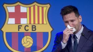 Leo Messi se despide entre lágrimas del barcelonismo en una rueda de prensa celebrada en el Auditori 1889 del FC Barcelona