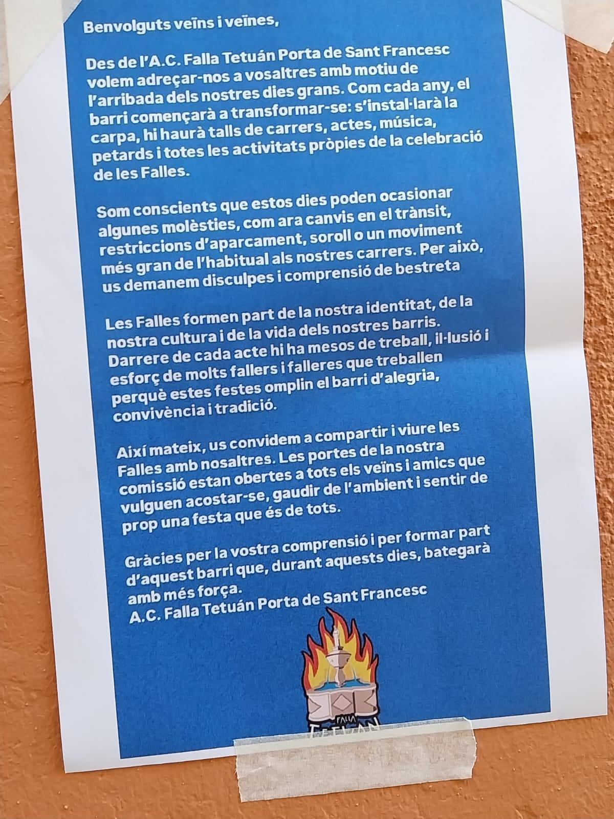 La carta colocada en el entorno del casal de Tetuán.