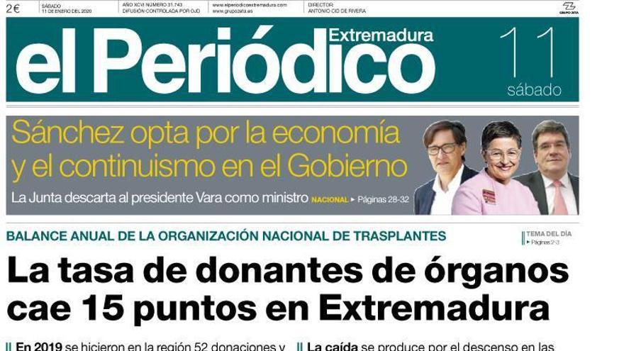 Esta es la portada de EL PERIÓDICO EXTREMADURA correspondiente al día 11 de enero del 2020