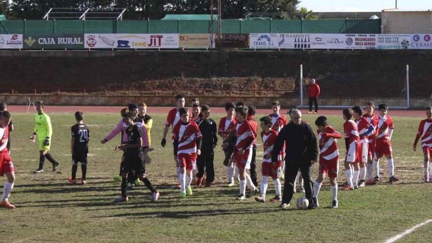 Los jugadores de las categorías inferiores del Athletic Toresano y el Zamora C. F., al finalizar su partido.