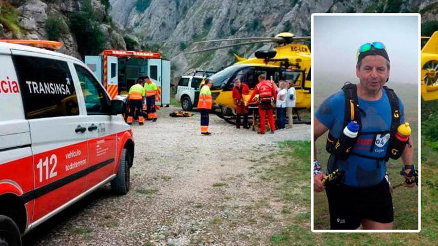 Los sanitarios del SAMU y los bomberos del SEPA atienden a la mujer herida en Poncebos, antes de trasladarla en una UVI móvil al Hospital de Arriondas. En el recuadro, Carlos Álvarez Ramos.